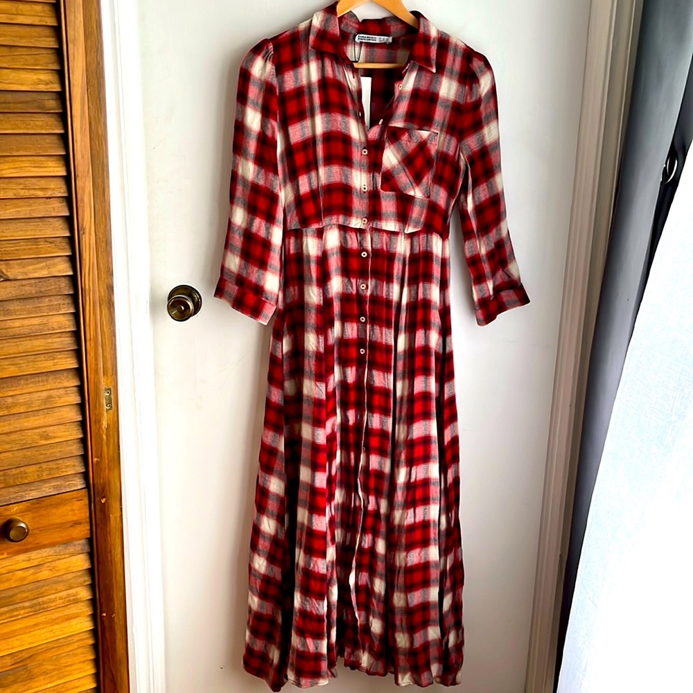 Zara red plaid small button down maxi dress